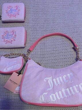 Juicy Couture Pink Suede Logo Shoulder Bag & 2pc wallet set
